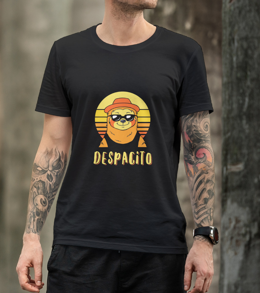 Despacito Sloth Art With Retro Sunset And Stylish Hat T-Shirt