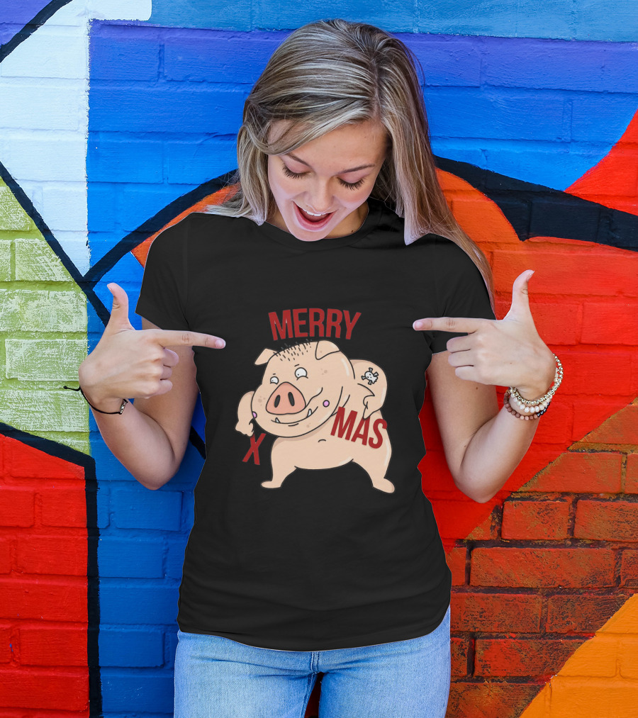 Merry Xmas Pig With Bone Tattoo T-Shirt