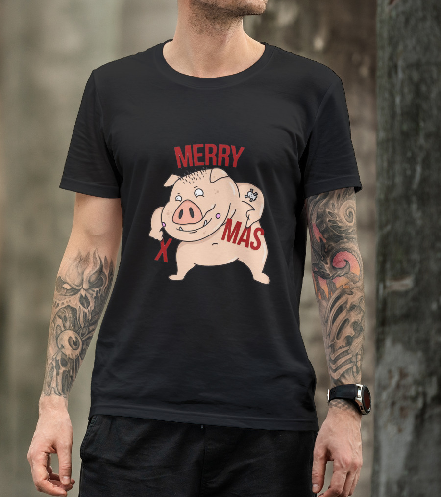 Merry Xmas Pig With Bone Tattoo T-Shirt