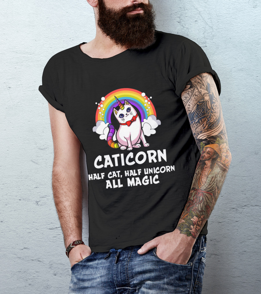 Caticorn Half Cat Half Unicorn All Magic Rainbow Bow Magic T-Shirt
