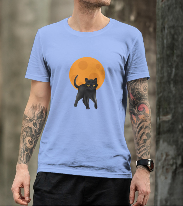 Scary Halloween Black Cat With Full Moon Backdrop T-Shirt