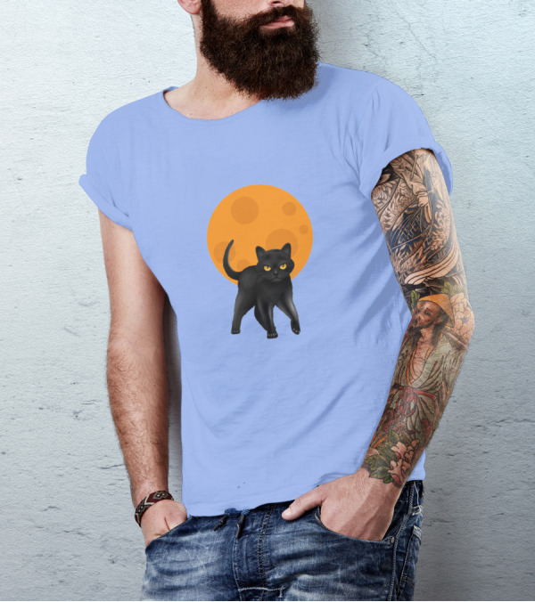 Scary Halloween Black Cat With Full Moon Backdrop T-Shirt