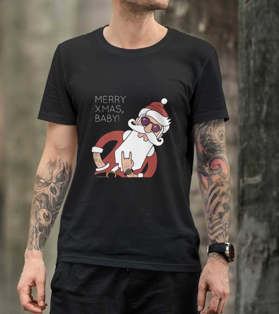 MERRY XMAS BABY SANTA WITH TATTOOS AND SUNGLASSES T-Shirt