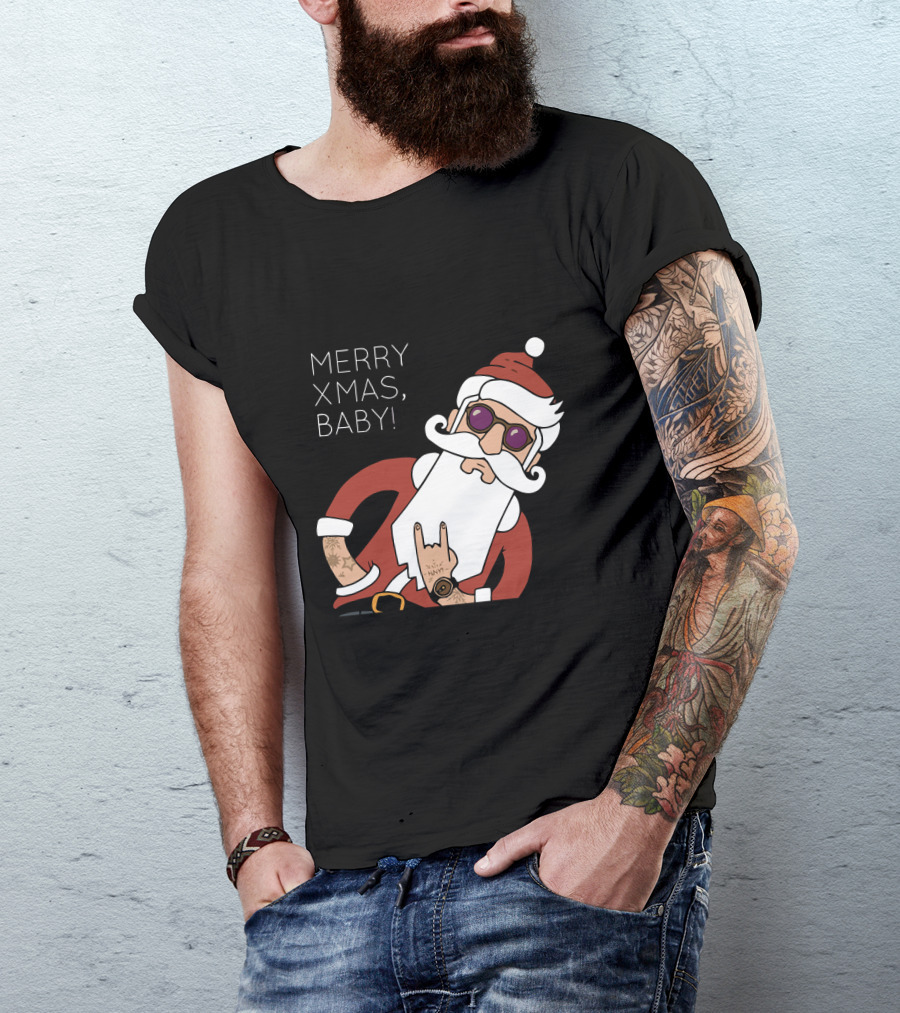 MERRY XMAS BABY SANTA WITH TATTOOS AND SUNGLASSES T-Shirt