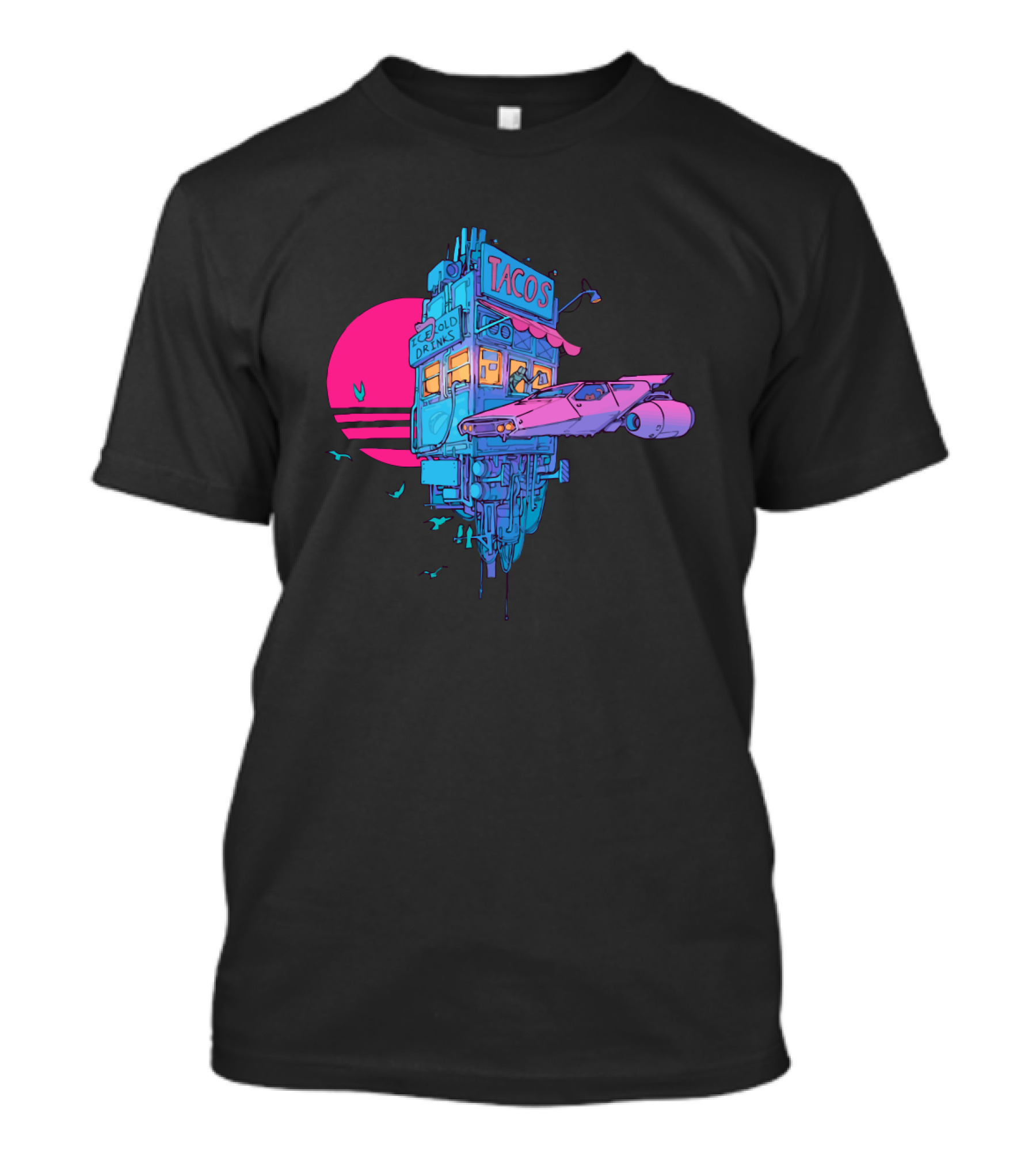 TACOS Cold Drinks Neon Future Cyberpunk Food Truck Scene T-Shirt