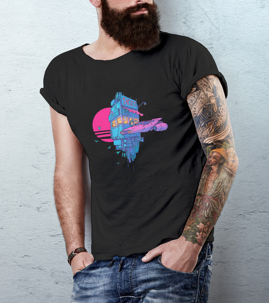 TACOS Cold Drinks Neon Future Cyberpunk Food Truck Scene T-Shirt
