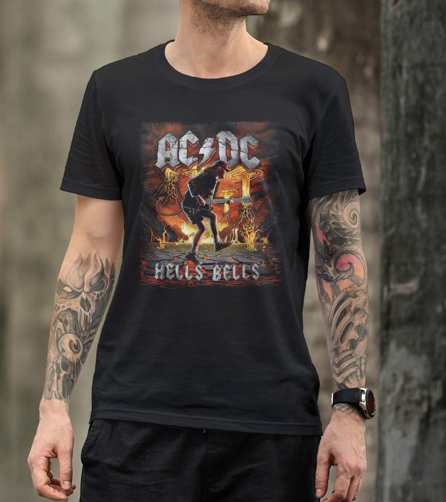 AC/DC Hells Bells Guitarist With Volcanic Eruption Background T-Shirt