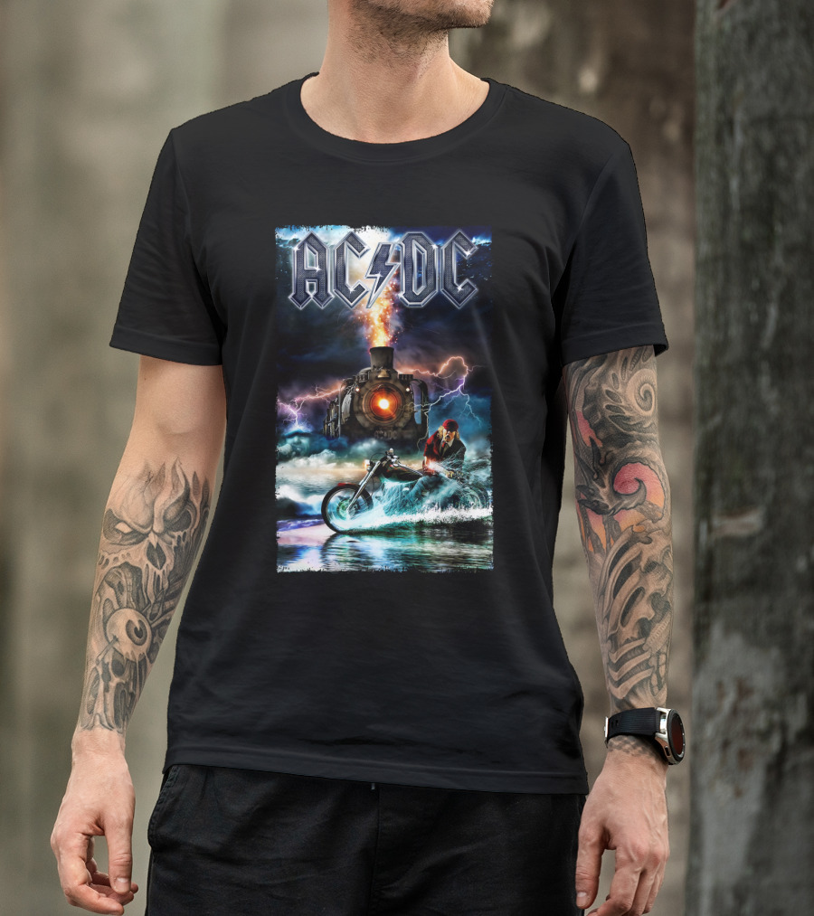 AC/DC Rock And Roll Train With Lightning And Motorbike Scene T-Shirt