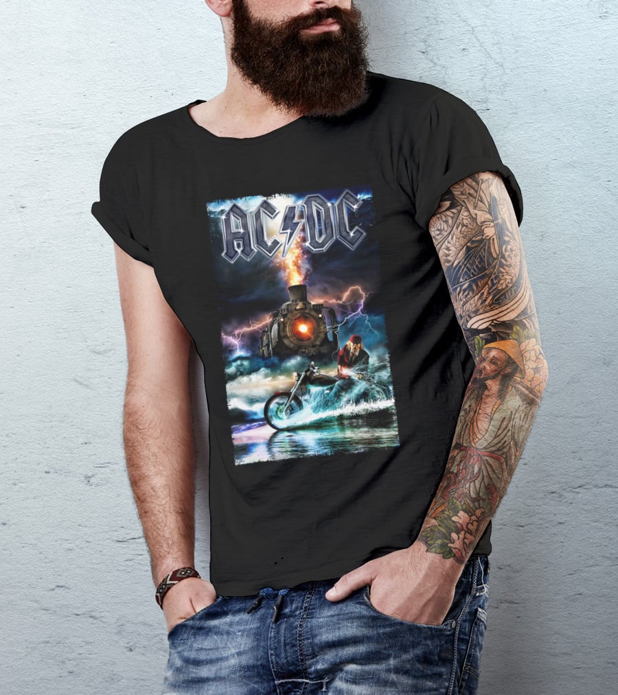 AC/DC Rock And Roll Train With Lightning And Motorbike Scene T-Shirt