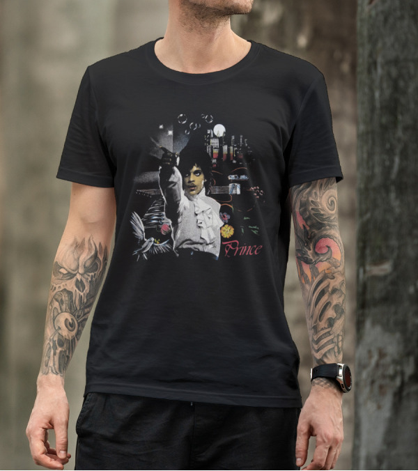 Prince Retro Iconic 1980s Music Legend With Guitar And City Skyline T-Shirt