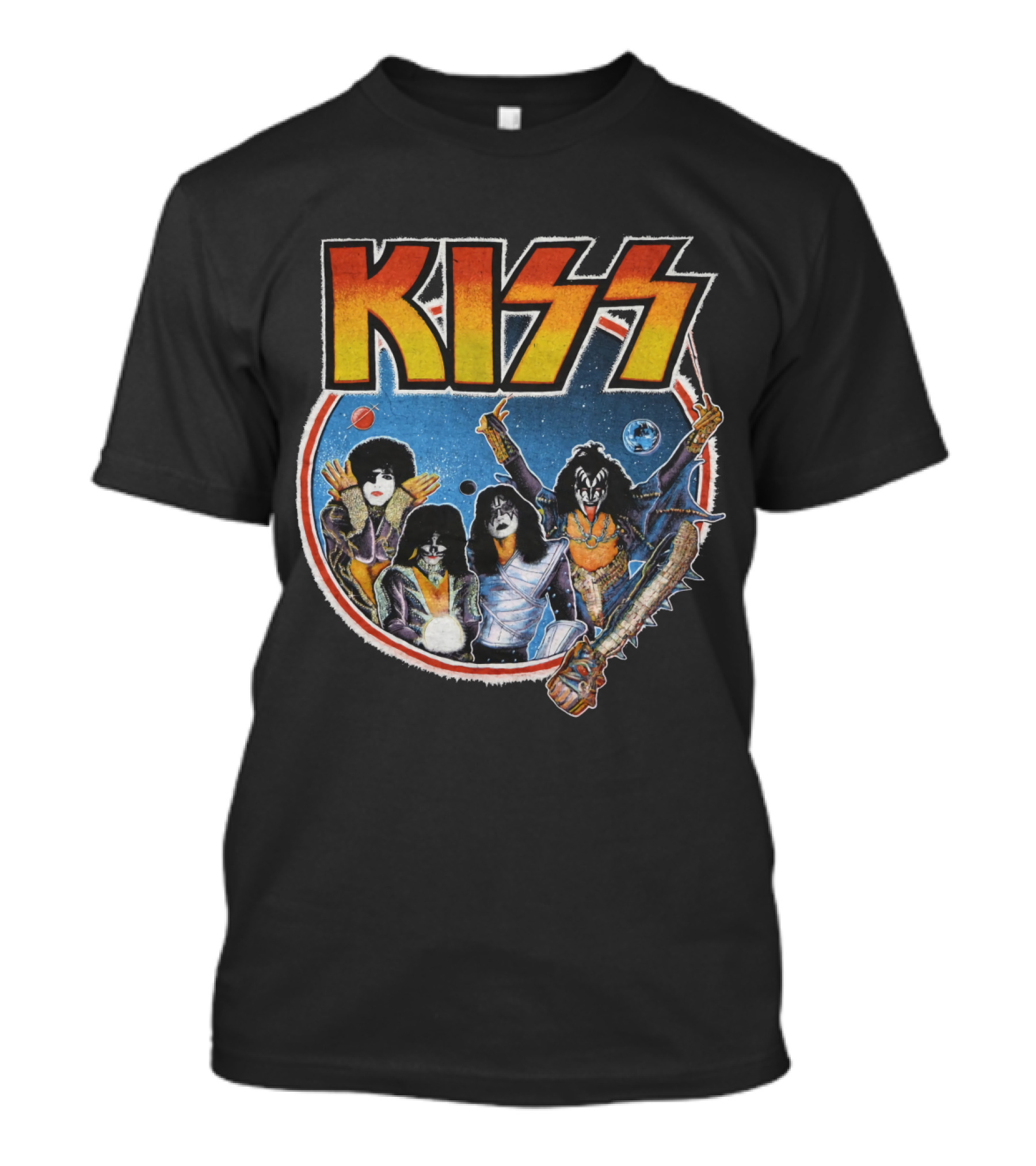 Kiss 1979 Space-Themed Rock Band Illustration With Kiss Army Tour Elements T-Shirt