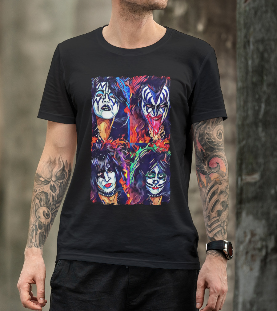 Kiss Band Iconic Face Paint Portraits Fiery Background T-Shirt