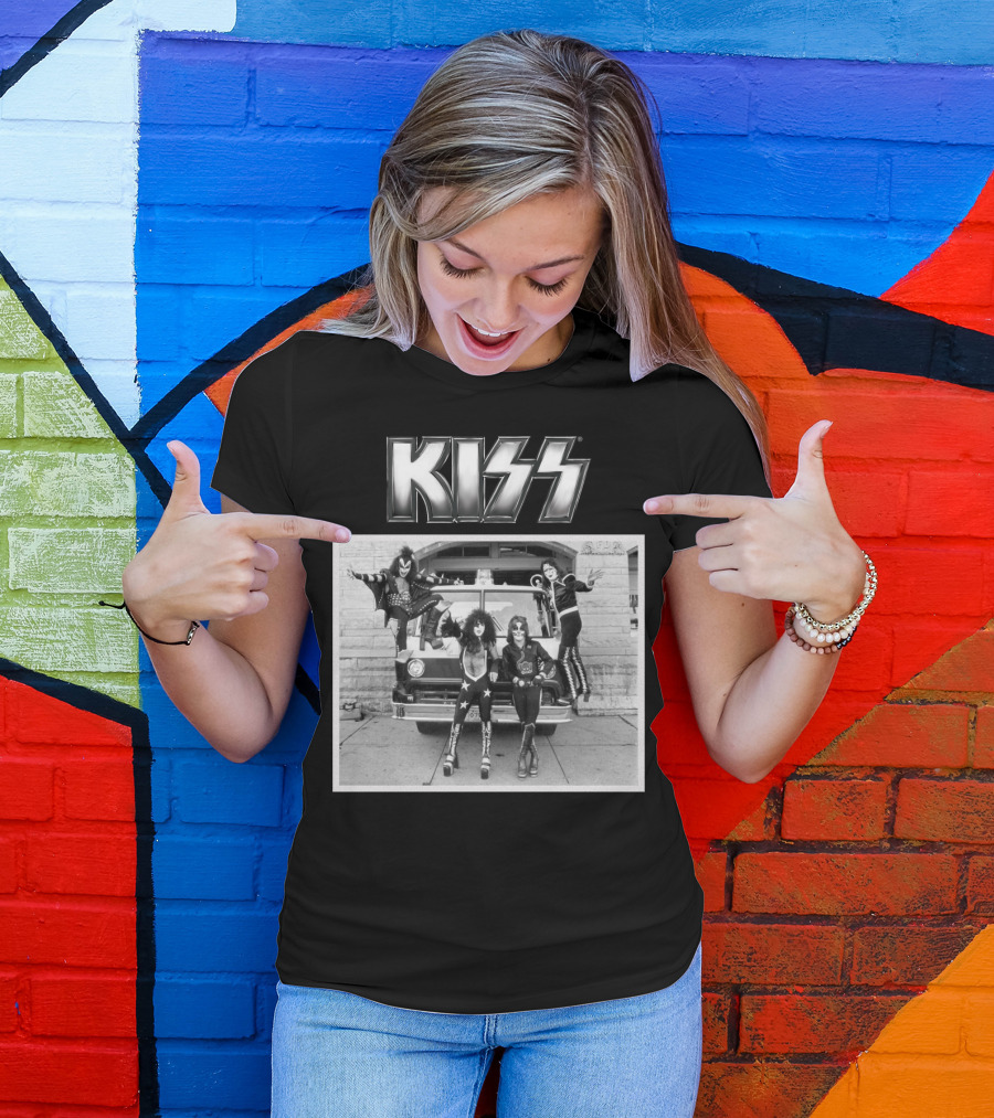 KISS Band On Cadillac With Logo Black And White Photograph T-Shirt