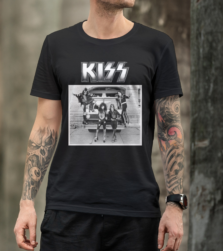 KISS Band On Cadillac With Logo Black And White Photograph T-Shirt