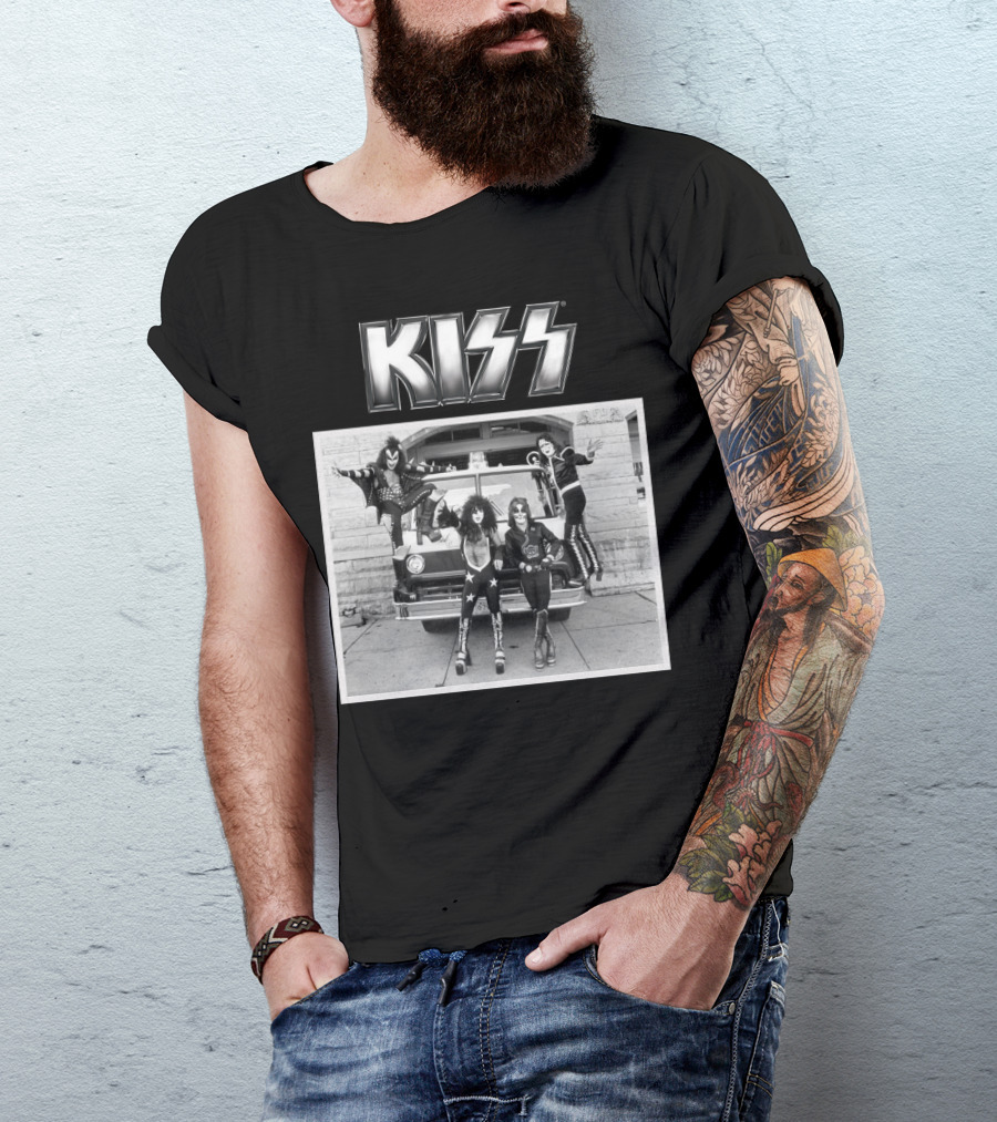 KISS Band On Cadillac With Logo Black And White Photograph T-Shirt
