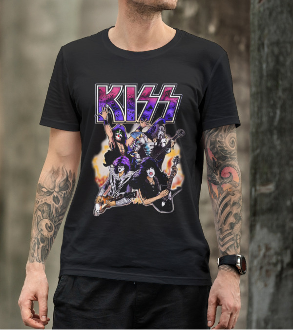 KISS Band Cartoon Graphic With Fire Background T-Shirt
