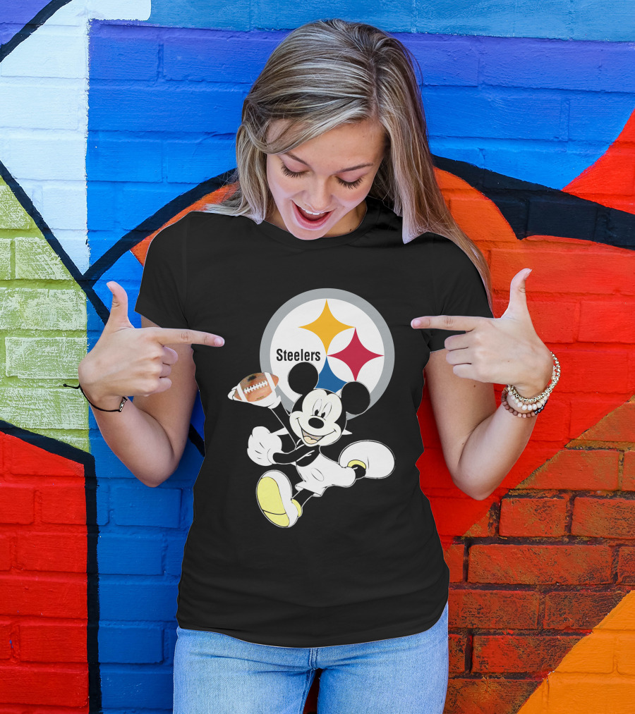 Mickey Mouse With Steelers Logo And Football T-Shirt