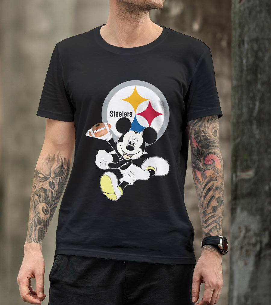 Mickey Mouse With Steelers Logo And Football T-Shirt