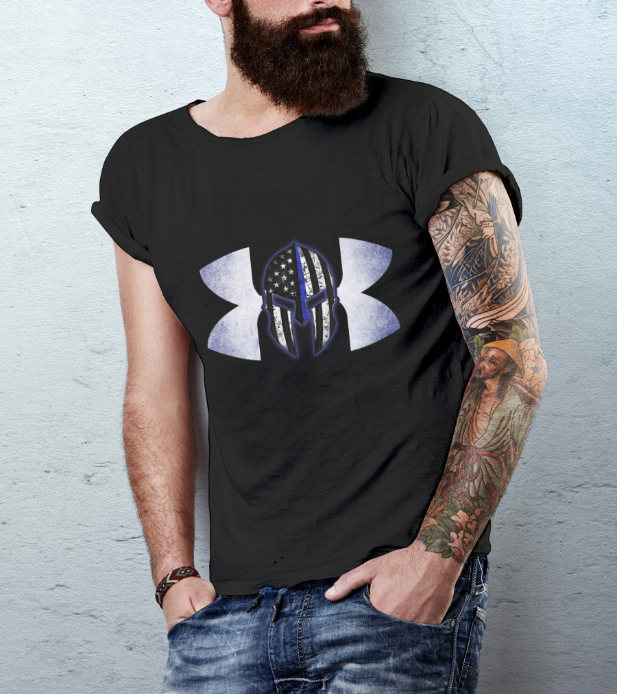 Thin Blue Line Spartan Helmet With American Flag And Tactical T-Shirt