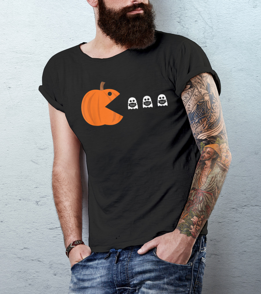 Pac-Man Pumpkin Eating Ghosts Funny Halloween Men's T-Shirt