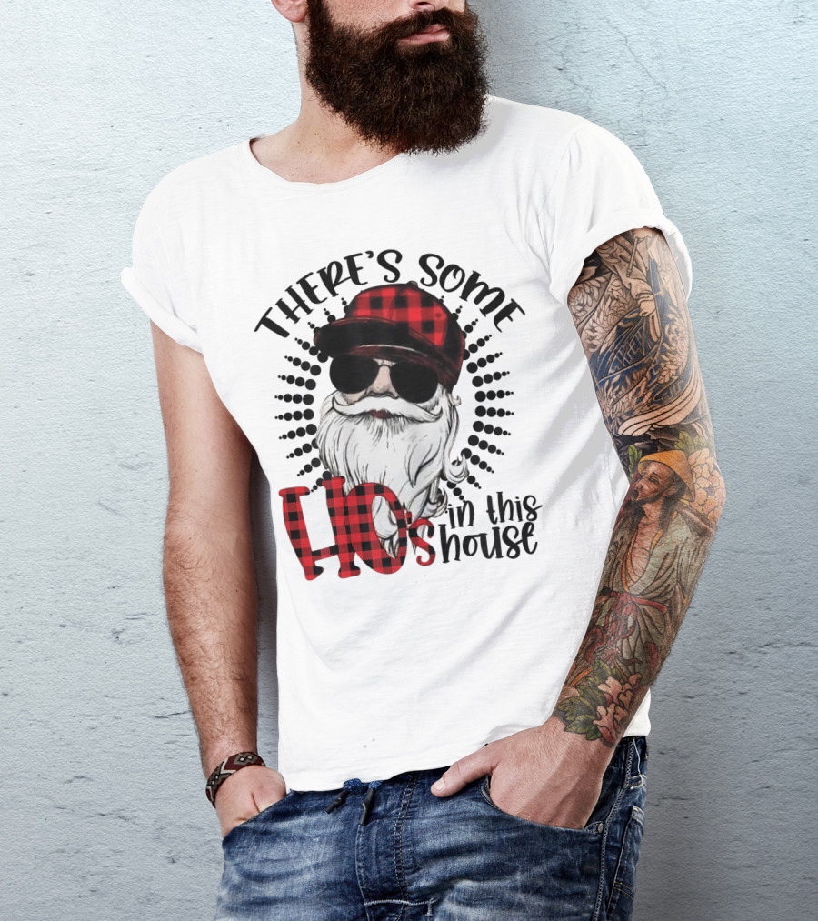 There's Some Hos In This House Funny Santa Claus Red Plaid Hat Sunglasses T-Shirt