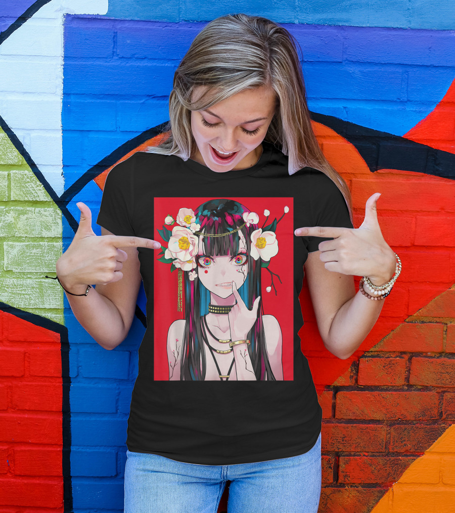 Anime Girl Japanese Aesthetic Otaku Red Background Flowers T-Shirt