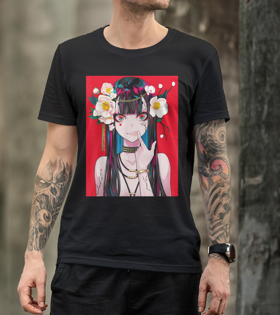 Anime Girl Japanese Aesthetic Otaku Red Background Flowers T-Shirt