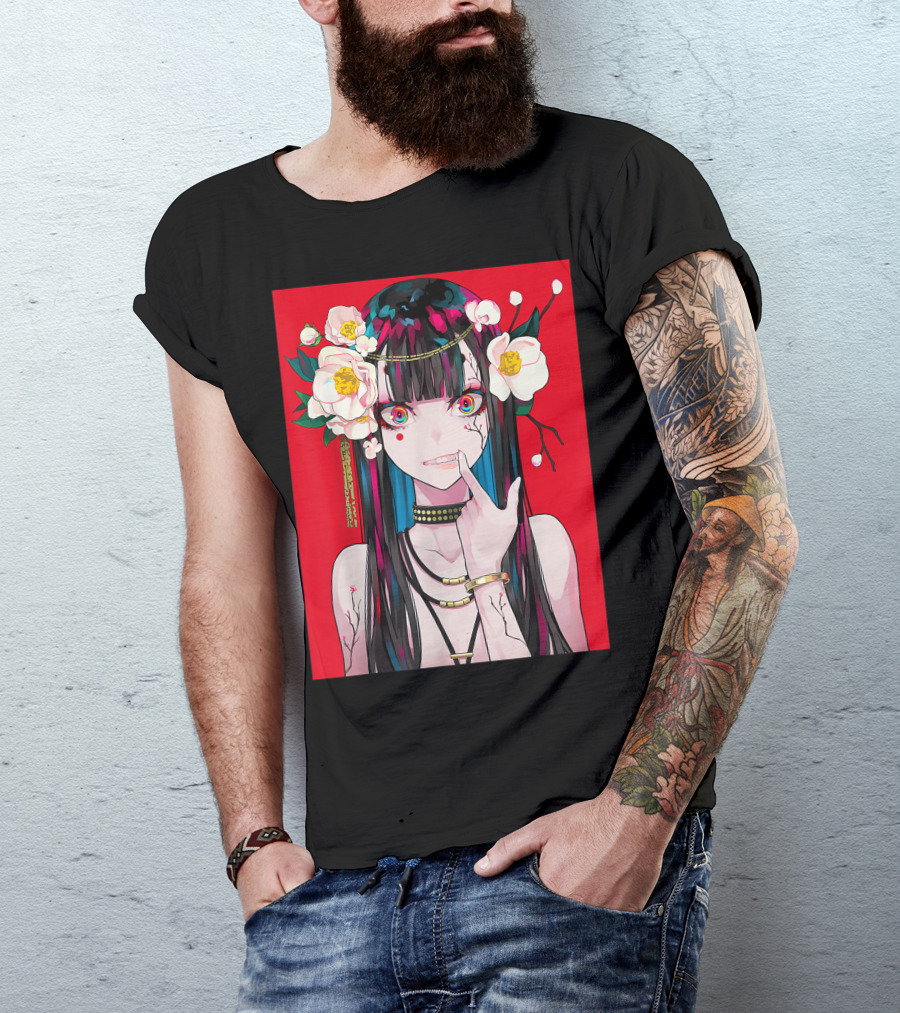Anime Girl Japanese Aesthetic Otaku Red Background Flowers T-Shirt