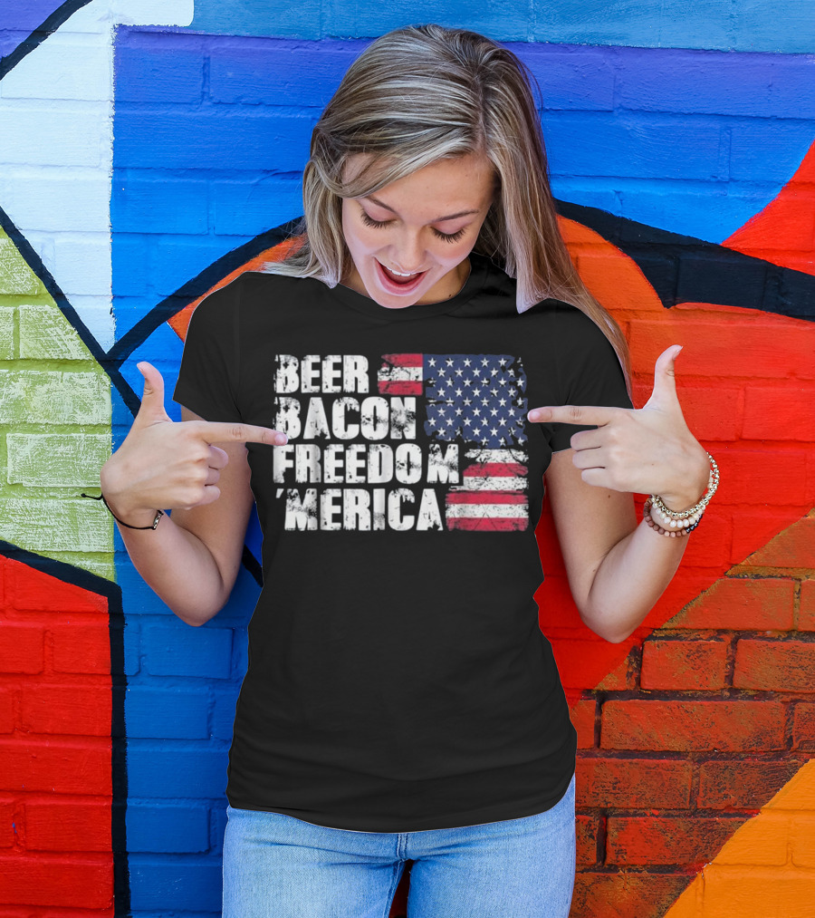 Beer Bacon Freedom Merica American Flag Patriotic T-Shirt