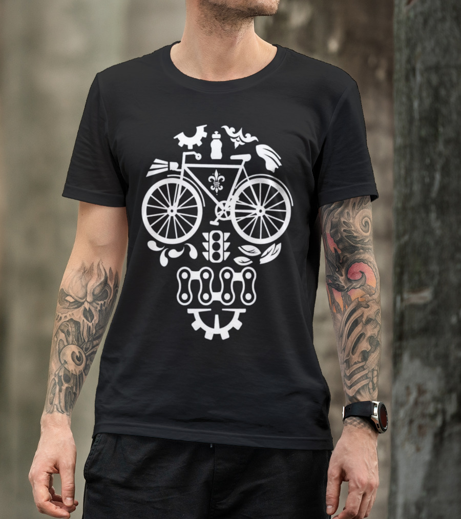 Humorous Cycling Skull With Bicycle Motif And Chain Design Elements T-Shirt