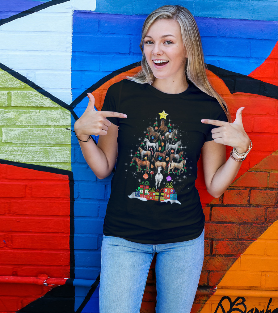 Holiday Horses In Christmas Tree Formation With Gifts And Star Topper T-Shirt