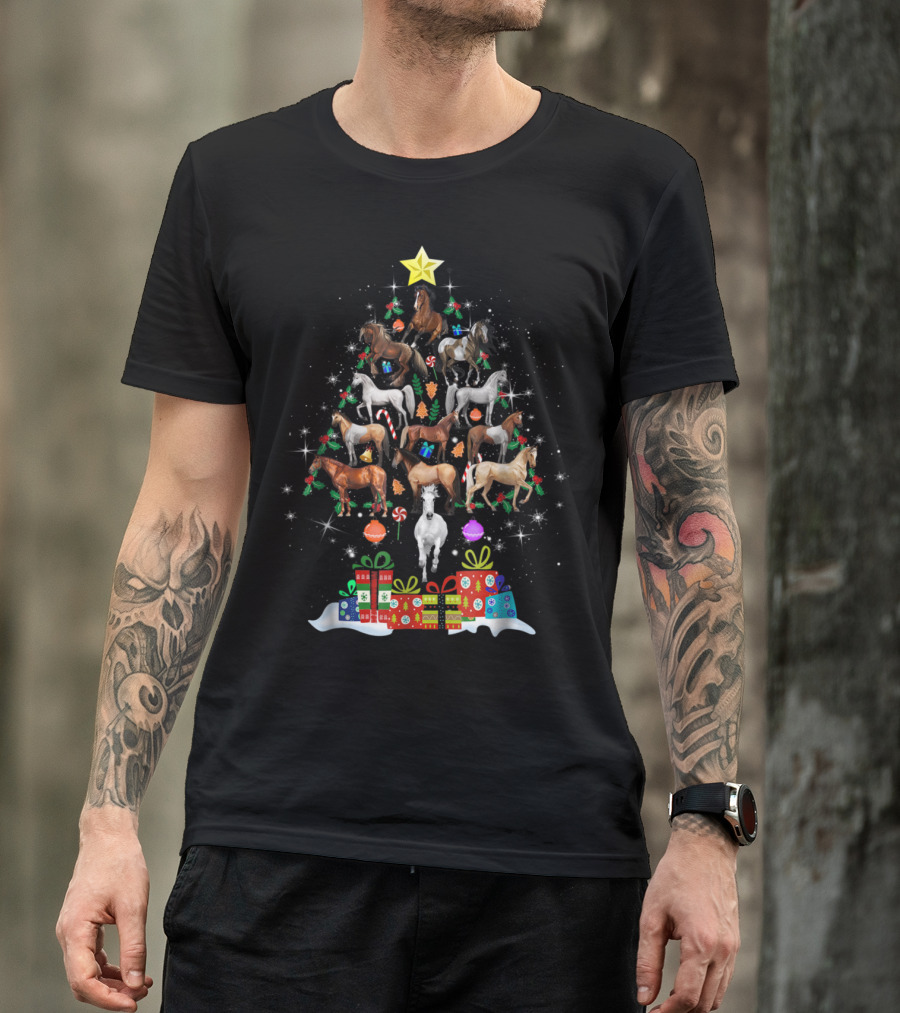 Holiday Horses In Christmas Tree Formation With Gifts And Star Topper T-Shirt