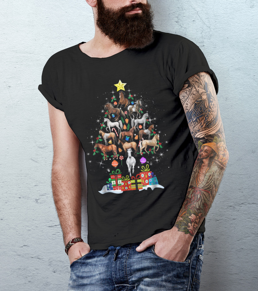 Holiday Horses In Christmas Tree Formation With Gifts And Star Topper T-Shirt
