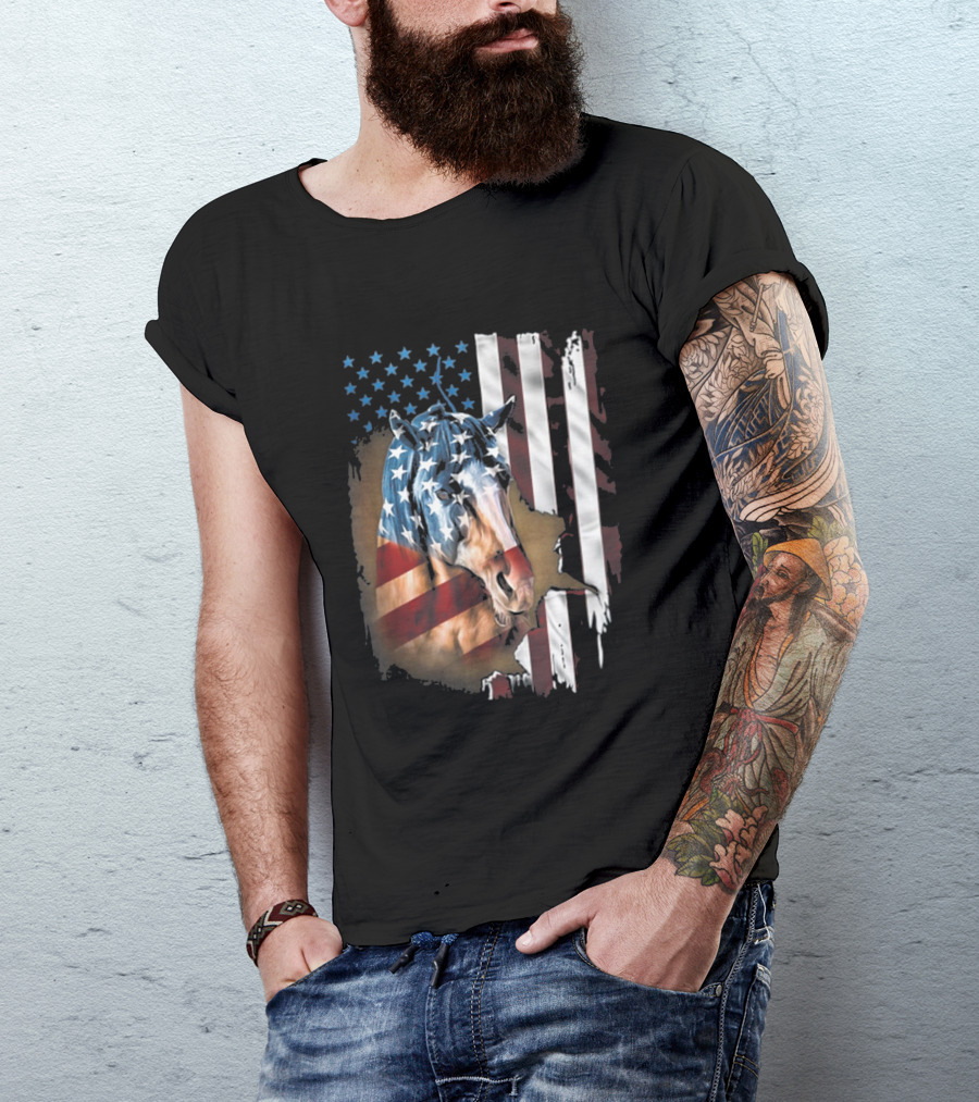 American Flag Horse Portrait Patriotic Family Humor T-Shirt
