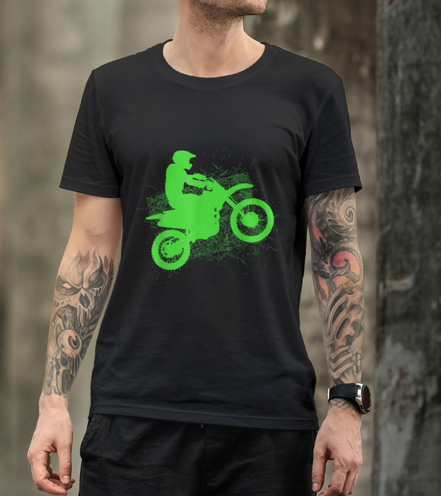 Neon Green Dirt Bike Rider Jump With Tire Tracks T-Shirt