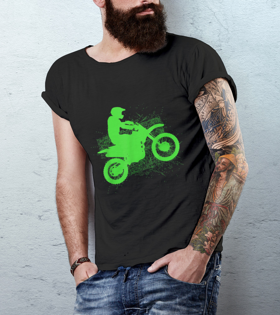 Neon Green Dirt Bike Rider Jump With Tire Tracks T-Shirt