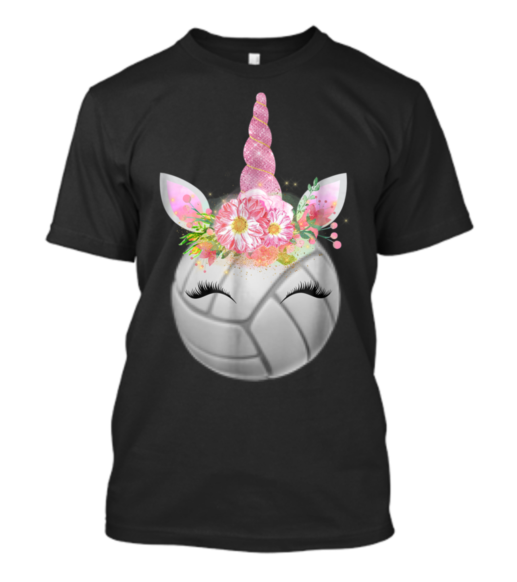 Volleyball Design With Pink Glitter Unicorn Horn And Floral Accents T-Shirt