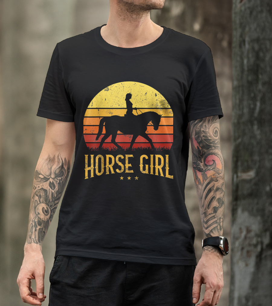 Horse Girl Silhouette Riding With Sunset Stripes T-Shirt