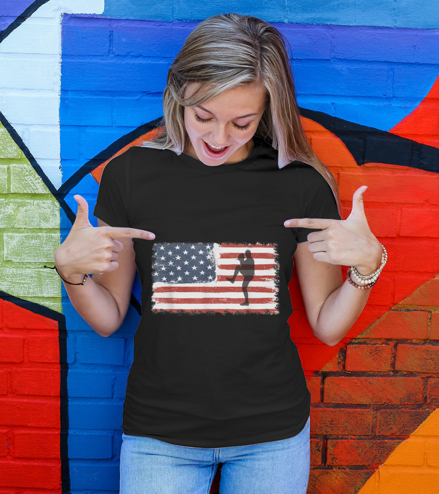 Baseball Pitcher Silhouette With American Flag Background T-Shirt