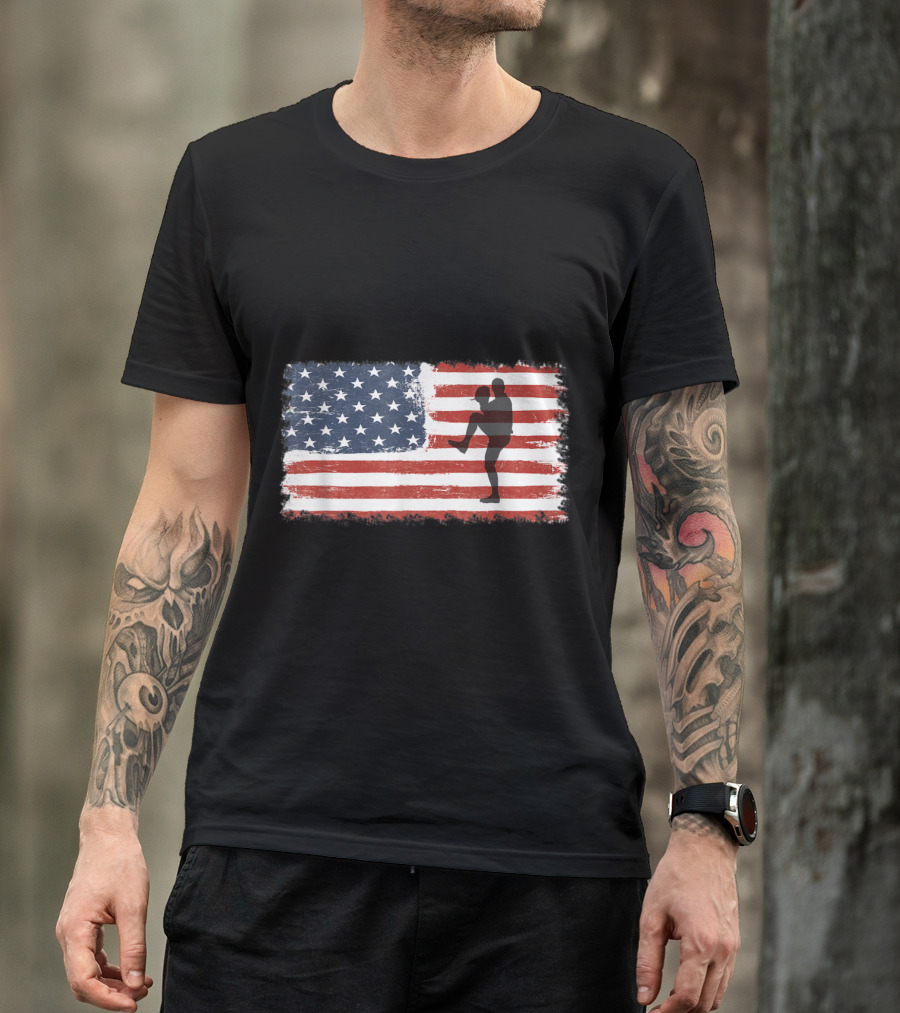 Baseball Pitcher Silhouette With American Flag Background T-Shirt