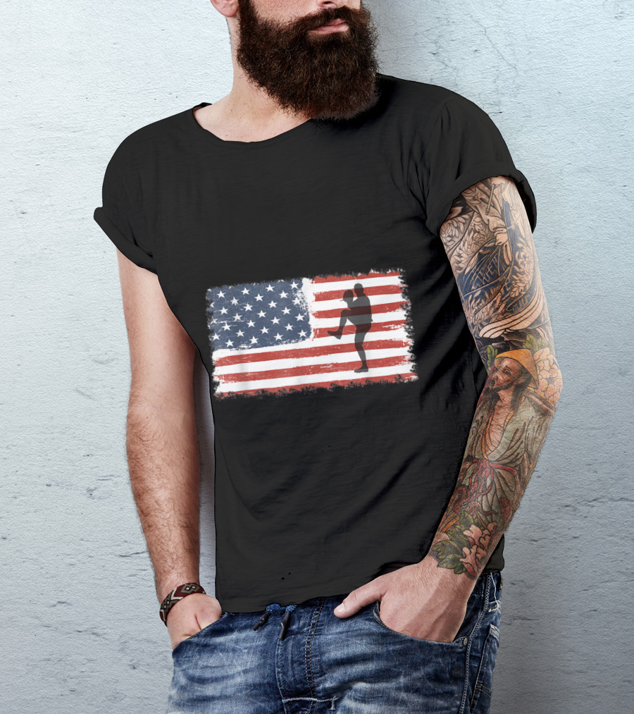 Baseball Pitcher Silhouette With American Flag Background T-Shirt