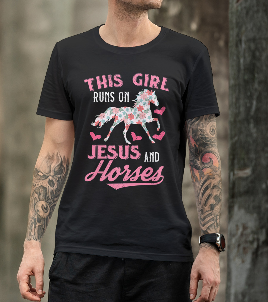 This Girl Runs On Jesus And Horses Floral Heart Horse T-Shirt