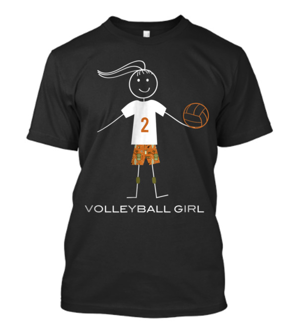 Volleyball Girl Stick Figure With Number Two And Playful Orange Shorts T-Shirt