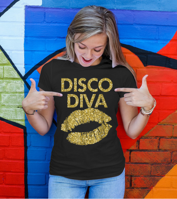 Disco Diva Women Ladies Kiss Glitter Gold Lips T-Shirt