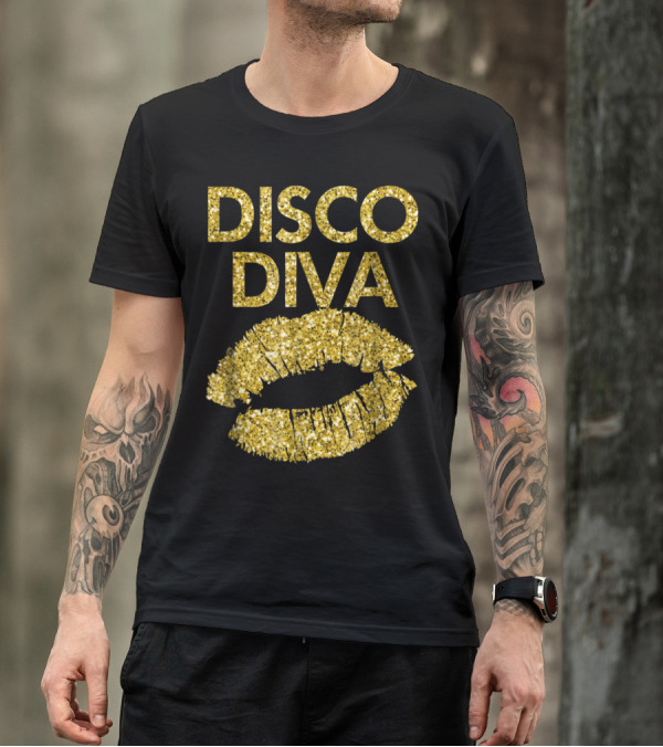 Disco Diva Women Ladies Kiss Glitter Gold Lips T-Shirt