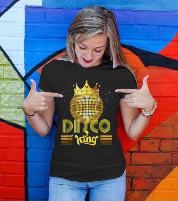 Disco King 1970s Vintage Dance Party Golden Crown And Glittering Disco Ball T-Shirt