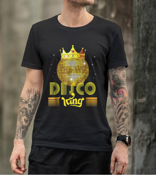 Disco King 1970s Vintage Dance Party Golden Crown And Glittering Disco Ball T-Shirt