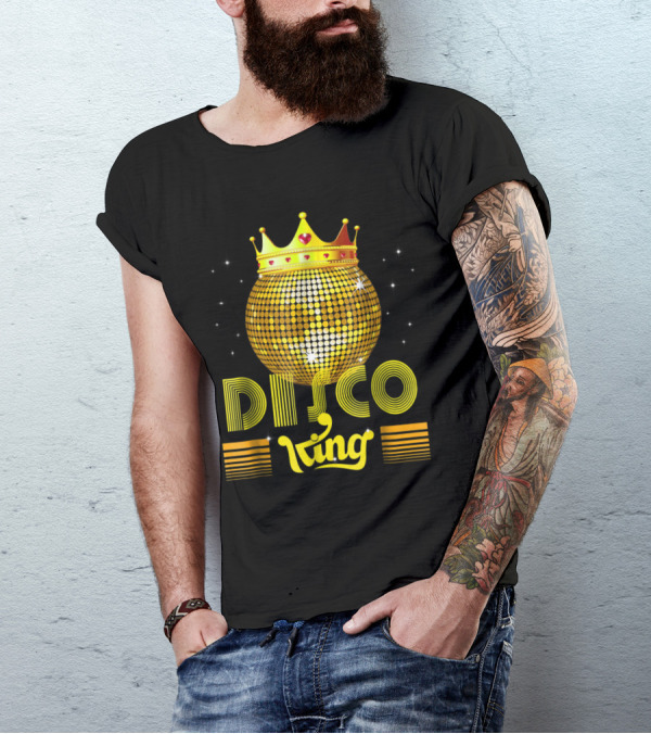Disco King 1970s Vintage Dance Party Golden Crown And Glittering Disco Ball T-Shirt
