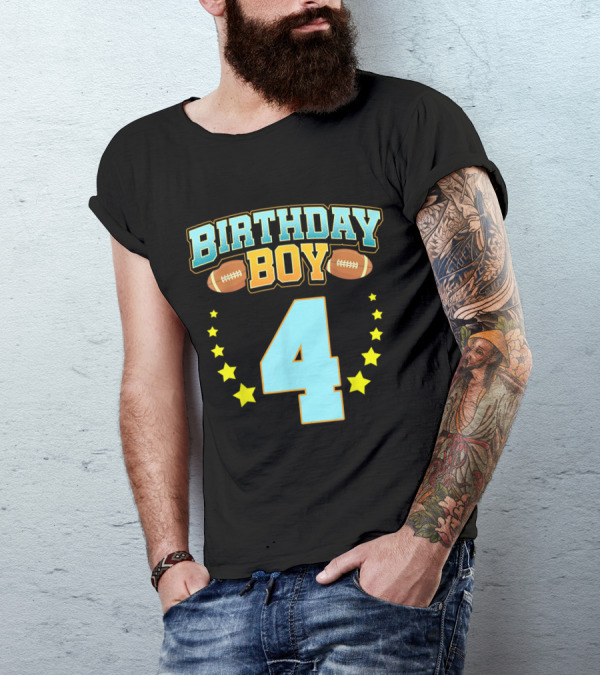 Birthday Boy 4th Year Football Theme With Stars T-Shirt