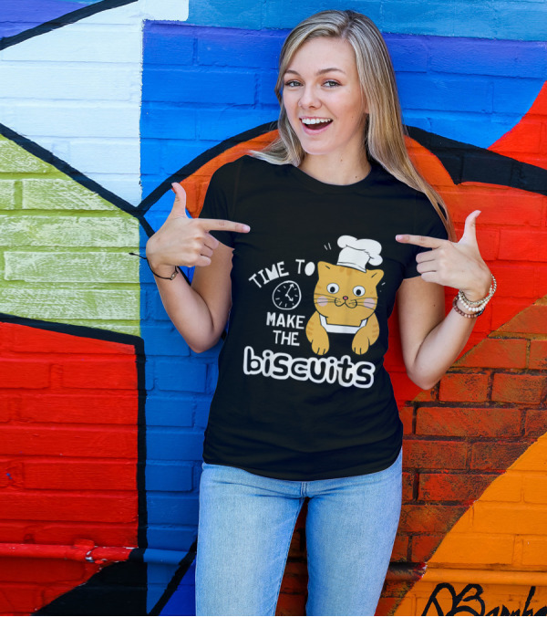 Time To Make The Biscuits Chef Cat With Clock And Chef Hat T-Shirt